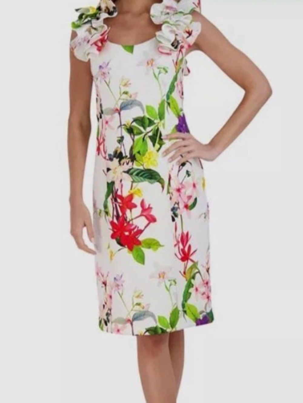 Donna Ricco Floral Ruffle-Shoulder Dress -Spring/Summer Wedding or Cocktail Hour